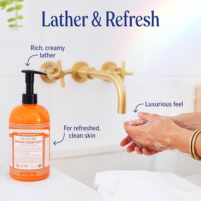 Dr. Bronner's Organic Sugar Soap (Tea Tree, 12 Ounce) - Made with Regenerative Certified Organic Oils, Sugar & Shikakai Powder, 4-in-1 Use: Hands, Body, Face and Hair- Liquid Soap, Nourishes