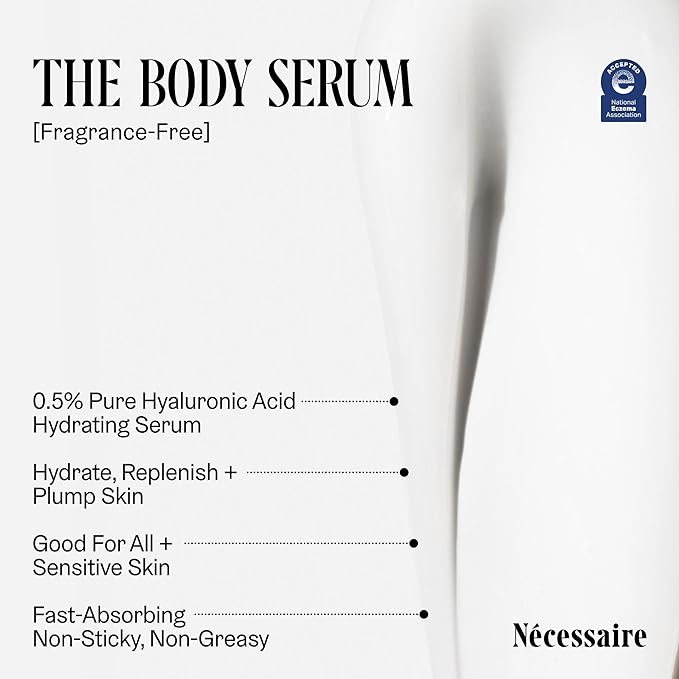 Nécessaire The Body Serum – Fragrance-Free Hyaluronic Acid Body Serum for Women+ Men. Niacinamide Firming Body Lotion – Fast-Absorbing for Sensitive + Eczema-Prone Skin. 50 ml/1.7 fl oz