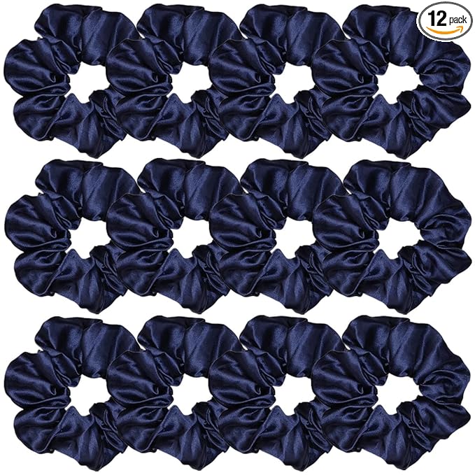 12 Pcs Satin Silk Scrunchies Soft Ties Fashion Bands Hair Bows Elastic Bracelet Ponytail Holders for Women and Girls (4.5 Inch, Navy Blue)