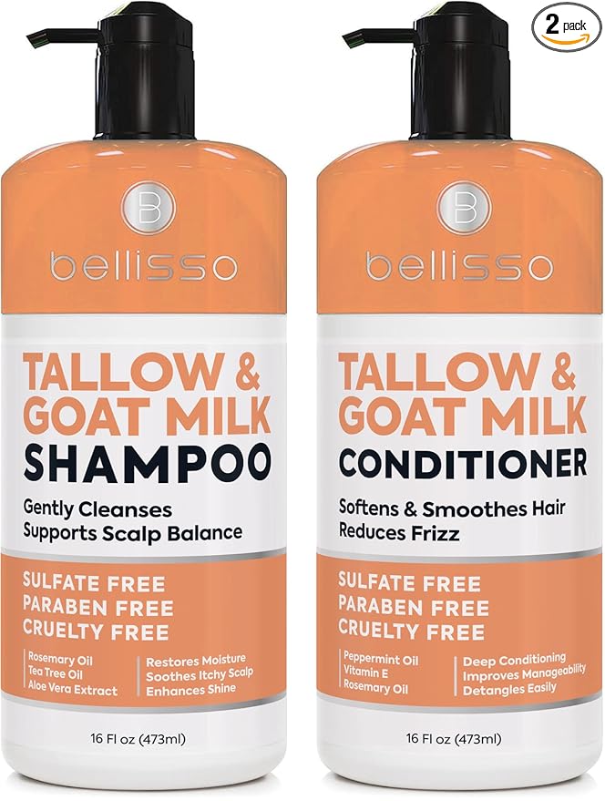 Beef Tallow Shampoo and Conditioner Set with Goat Milk - Sulfate Free Moisture for Women and Men - For Dry, Itchy Scalp - Hydrating, Thickening, Volume Care for Thinning Hair - 16 Fl Oz (Pack of 2)