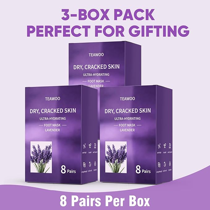 TEAWOO 24 Pairs Moisturizing Foot Masks with Lavender Oil & Jojoba Oil, Intensely Hydrating Foot Mask for Dry Cracked Feet, Moisturizing Socks for Cracked Heel Treatment