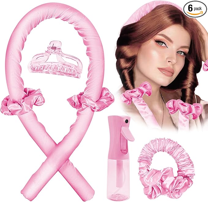Heatless Hair Curler and Curling Scrunchie Set, Heatless Curls Overnight, Heatless Curling Rod With Spray Bottle, Overnight Blowout Rods, No Smell, No Heat Wave Curlers for All Hair Types (Pink)