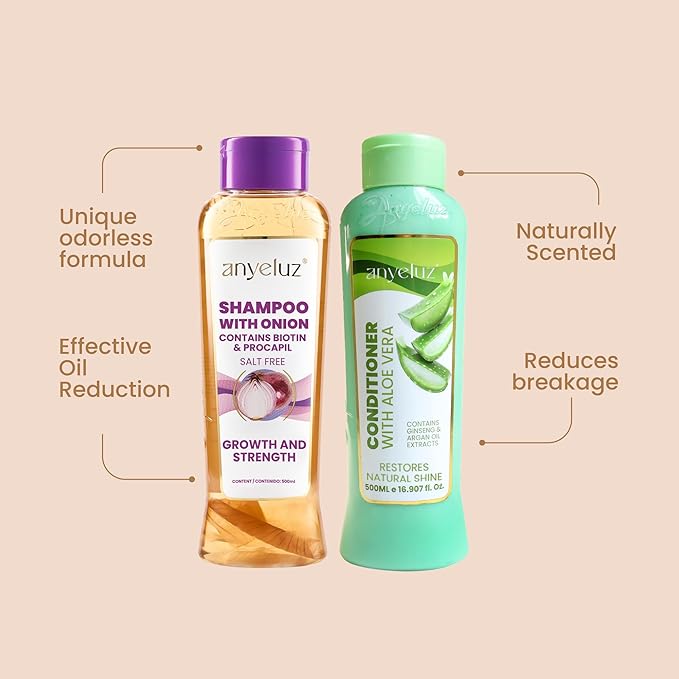 ANYELUZ Onion Shampoo and Aloe Conditioner Set, Strength and Hydration for your Hair, With Onion Extract, Biotin and Argan Oil, Cleanses Deeply and Provides Hydration