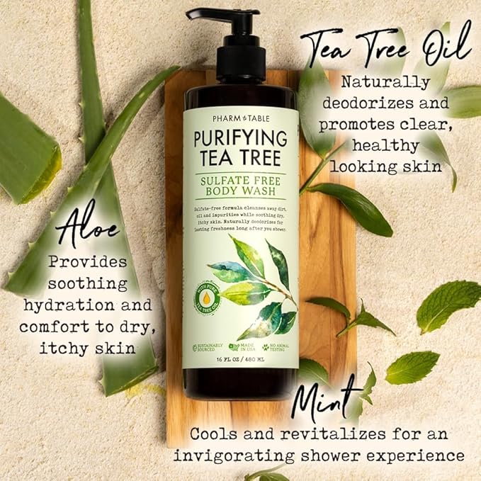 PHARM TO TABLE Soothing Tea Tree Body Wash Sulfate-Free Shower Gel – Nourishing Hydration Soothes Dry, Itchy Skin - Infused with Tea Tree oil, Mint, Vitamin E & Aloe, 16.2oz