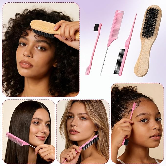 Hair Wax Stick & Slick Back Brush Set for Flyaways, Edge Control Wax Stick for Hair with Boar Bristle Brush for Women, Kids, Dancers,Frizz Tamer Pomade Balm Gel Stick for Clean Girl Sleek Ponytail Bun