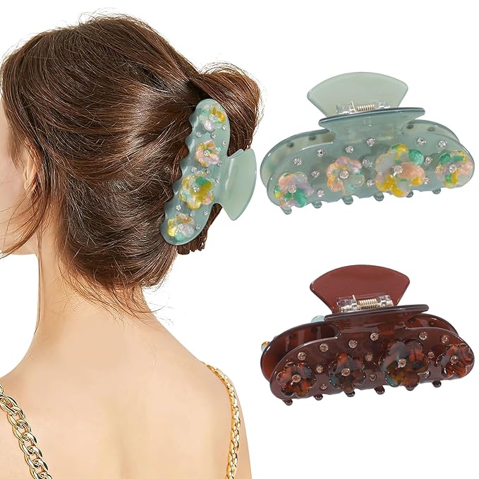 HAIMEIKANG 2 PCs Flower Acrylic Hair Claw Clips for Women - Non Slip Strong Hold Cute Non-slip Stylish Accessories for Thick Thin Hair