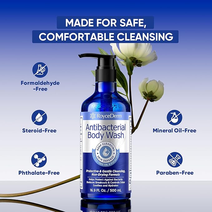 Roycederm Antibacterial Body Wash & Soap – Kills 99.9% of Germs & Bacteria – For Body Acne, Folliculitis & Odor Control – Gentle Daily Use for Men & Women (16.9 Fl Oz (Pack of 2))