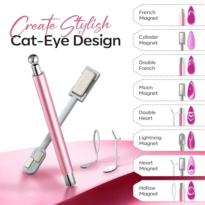 modelones Cat Eye Gel Polish Nail Magnet, 3-in-1 Cat Eye Magnet Pen & Heart-Shaped for Nail Art Tool Cylindrical & Ball &Lightning Circle Cat Eye Magnet for Cateye Gel Polish DIY Salon