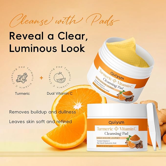 QUIYUM Turmeric + Vitamin C Facial Skincare Set - 5-in-1 Cleansing Kit for Oil Skin Types, Hydrating, Even Tone, Include Cleansing Mousse& Pads, 2Pcs Sheet Mask, Peel Off Mask, 6Pcs Sleeping Mask