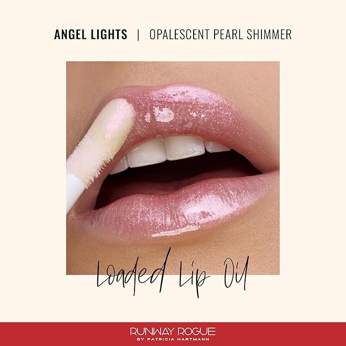 Runway Rogue Loaded Lip Oil, Hydrating and Plumping Lip Shimmer Oil with Tri-Peptide Formula, Opalescent Frost Shimmer, ‘Angel Lights’