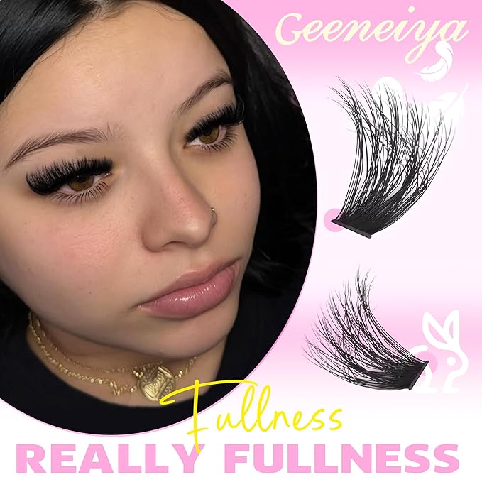 Geeneiya Full Lash Clusters D Curvature Eyelash Clusters Thick Cluster Eyelash Extensions Wispy Individual Lashes Extensions Waterproof Lashes DIY at Home for Beginners with Lash Map