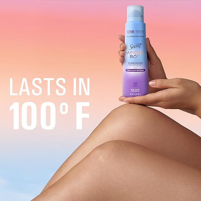 Secret Aluminum Free Whole Body Deodorant Spray for Women, 72hr Sensitive Freshness & Odor Defense, PH Balanced, Invisible Protection, Safe to Use Everywhere, Fresh Lilac & Waterlily Scent, 3.5 oz