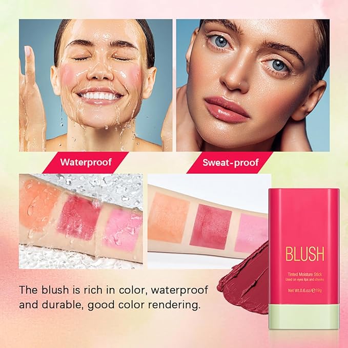 FYEBOO Multi-Use Makeup Blush Stick, Cream Blush Stick, Tinted Solid Moisturizer Stick for Cheek & Eyes & Lips, Waterproof Natural Nude Makeup, Suitable for All Skin (2#Hot Red)