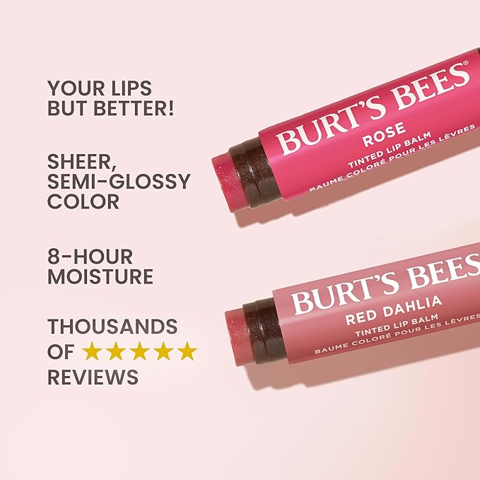 Burt's Bees Lip Tint Balm, Mothers Day Gifts with Long Lasting 2 in 1 Duo Tinted Balm Formula, Color Infused with Hydrating Shea Butter, Red Dahlia + Rose (2-Pack)