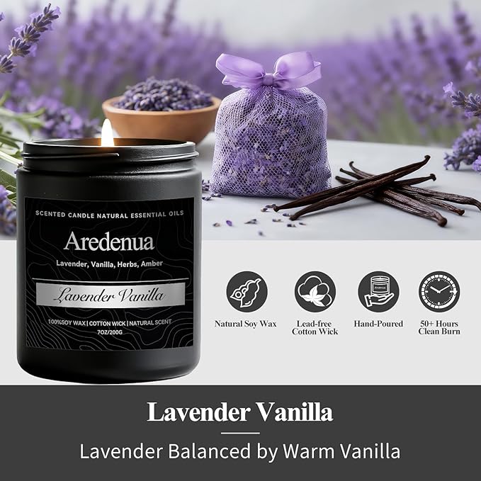 Lavender Vanilla Candle | Self-care Candle Gifts, Soy Candles for Home Scented, Aromatherapy Gifts for Women Men - 7oz Scented Candles for Home, 50 Hours Burn Time, Perfect for Relaxing Home Fragrance