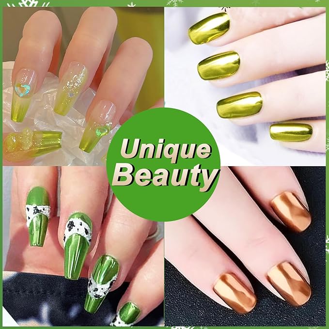 Allstarry Green Chrome Nail Powder, 2 Colors Metallic Effect Mirror Chrome Powder Pigment Manicure Glitter Kit for Gel Polish St Patricks Day Nail Art St Patty's Day Accessories - Wheat Field Green