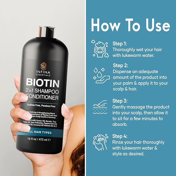 INFINA ESSENTIALS Biotin 2-in-1 Shampoo and Conditioner for Men & Women – Hair Thickening & Strengthening Shampoo with Saw Palmetto, Keratin, Caffeine & Vitamin E – Convenient Daily Use – 16 fl oz
