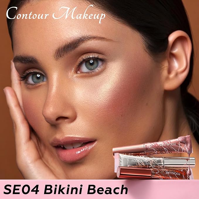 FOCALLURE 3 PCS Liquid Contour Stick,Moisturizing Highlighter,Blush and Bronzer,Silky Cream Contouring Pen with Soft Cushion Applicator,Long Lasting Face Illuminator Makeup,Bikini Beach