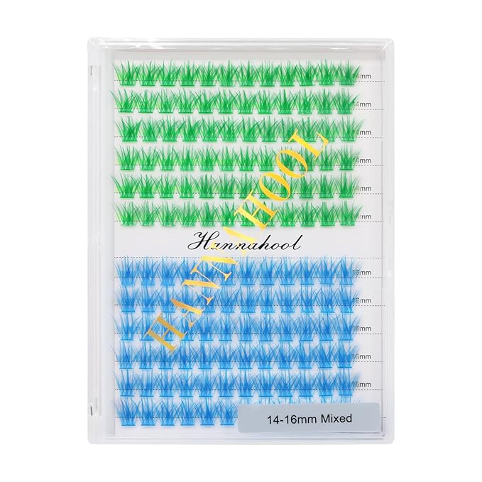 12rows-Large Tray Mixed 8-10-12-14-16mm/Mixed 14-15-16mm/Mixed14mm-16mm/Mixed 18-20mm Wide Stem Individual False Eyelashes Dramatic Black Cluster Eyelashes (LC07-Green-blue-14-16mm)