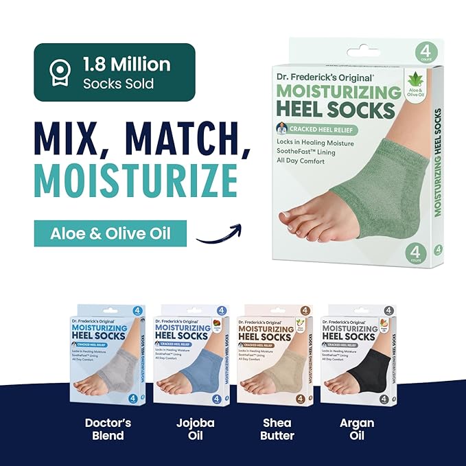 Dr. Frederick's Original Moisturizing Heel Socks for Dry Cracked Heels Treatment - Infused with Olive Oil, Jojoba Oil and Vitamin E - 2 Pairs - Self Care Gifts for Women & Men - Green Aloe
