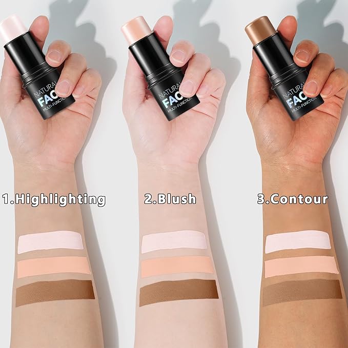 3Pcs Cream Contour Stick Makeup Kit, Shades with Highlighter, Blush and Bronzer Contour Stick for Sculpt the Cheeks, Long Lasting, Waterproof, Matte & Dewy Finish (G)