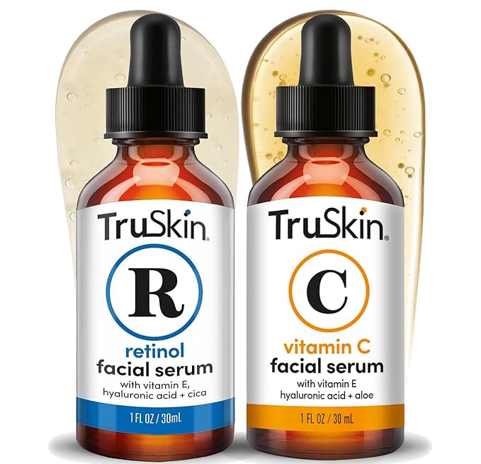 TruSkin Face Serum Duo - Vitamin C Serum & Retinol Serum for Face - AM & PM Anti Aging Skincare Routine - Brightening & Smoothing Facial Serums, 1 fl oz Each