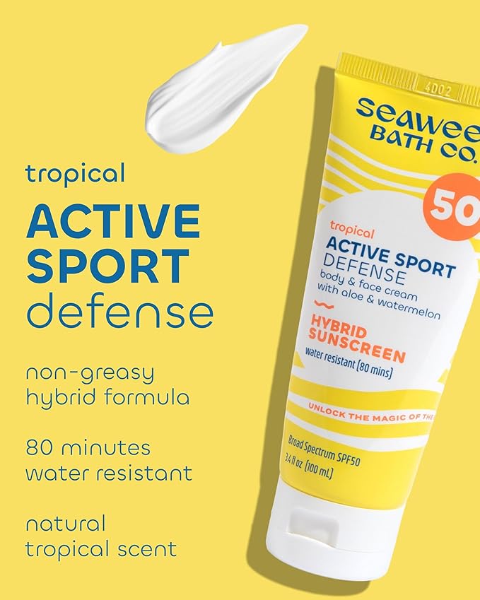 Seaweed Bath Co. Active Sport Defense Cream SPF 50 - Broad Spectrum Hybrid Sunscreen with Zinc Oxide, Aloe & Watermelon - Water Resistant Face and Body Daily Sunblock, 3.4 Ounce