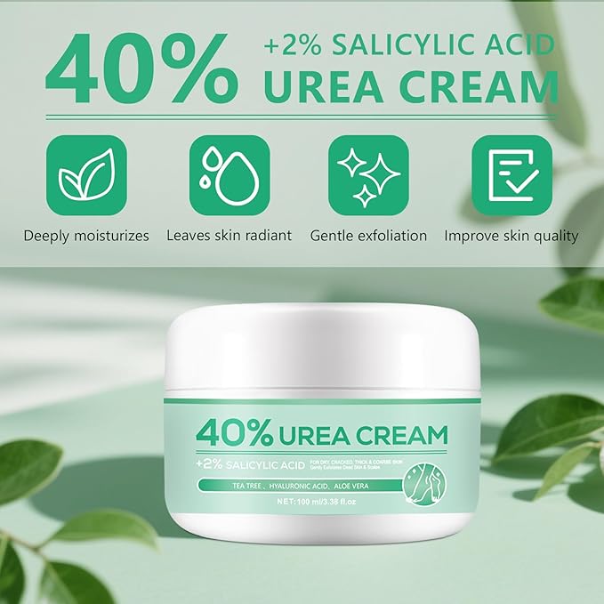 40% Urea Foot Cream - 2% Salicylic Acid Foot Cream - For dead skin, calluses and cracked heels - Intensely moisturizing with Tea Tree, Hyaluronic Acid and Aloe Vera