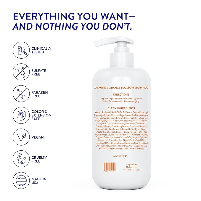 Routine Wellness Anti-Thinning Shampoo for Thinning Hair - Biotin DHT Blocker Women & Men - Color Safe Shampoo for Hair Loss & Healthy Hair - Jasmine & Orange Blossom - 14oz