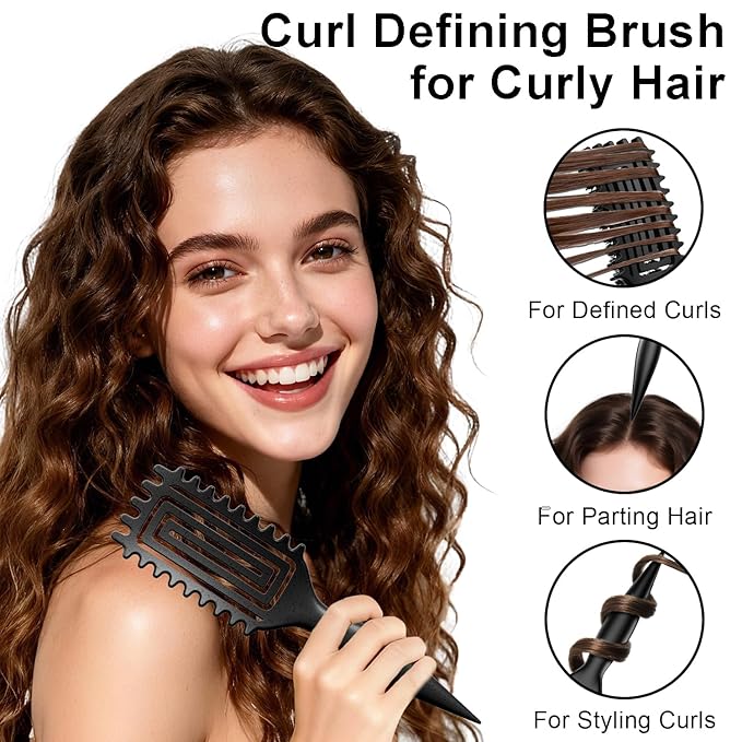 Curly Hair Brush, Curl Defining Brush with Soft Boar Bristles Detangling Tangled Glides, Wide-Teeth Design Effortlessly Shaping & Defining Curls (Matte Black)