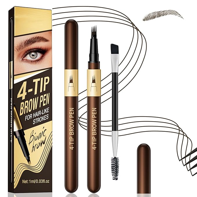 Eyebrow Pencil for Women,4-Tip Microblading Eyebrow Pen with 1 Brow Brushes, Waterproof&Sweatproof for Women to Effortlessly Create Natural Hair-Like Strokes, All-Day Wear,Gifts for girls,Black Brown