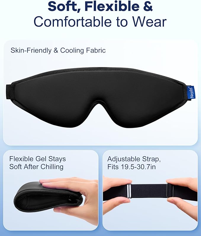 Cooling Gel Eye Mask for Puffy Eyes, Larger Full-Eye Cold Compress for Swelling, Ice-Cold Therapy, Forehead & Upper Cheek Cooling Relief, Reusable Headache and Migraine Mask, FSA Eligible HSA, Black