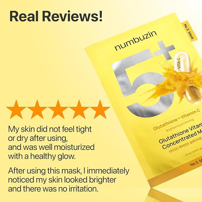 numbuzin No.5 Sheet Mask | Vitamin Spotlight Sheet Mask | Glutathione and Vitamin C | Reduces Hyperpigmentation, Improves Skin Complexion | Gentle and non-irritating | 5 sheet