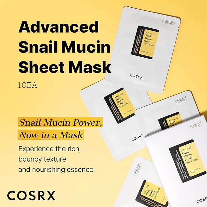 COSRX Snail Mucin Sheet Mask 10 EA with Snail Mucin Serum, Hydrating Face Sheet Masks for Dry & Sensitive Skin, Korean Face Mask, Korean Skin Care