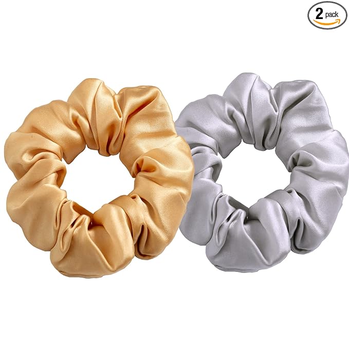100% Pure Mulberry Silk Hair Ties, 4 Pack - Black, Champagne & Grey, 16 Momme Silk Scrunchies for Women, Girls & All Hair Types