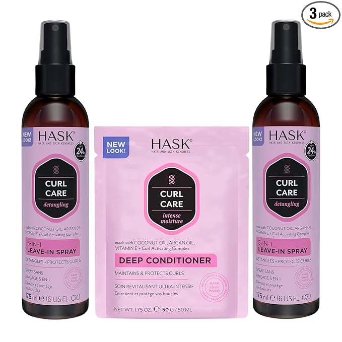 HASK 5-in-1 Leave-In Conditioner Duo (6oz-Qty 2) & Deep Conditioner Packette, Color Safe, Sulfate-Free, Paraben-Free, Gluten-Free, for All Hair Types (Curl Care)