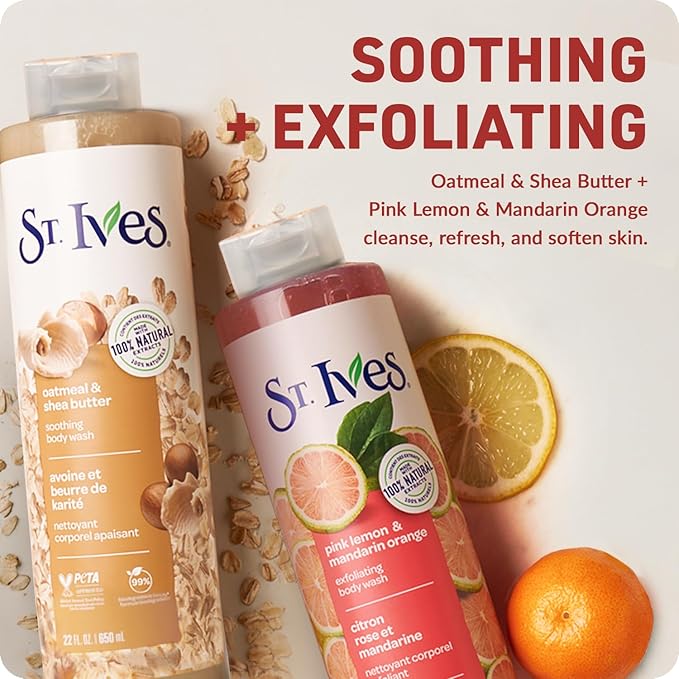 St. Ives Body Wash Variety 2-Pack – Soothing Oatmeal & Shea Butter + Exfoliating Pink Lemon & Mandarin Orange, 100% Natural Extracts, Cruelty-Free, 22 Oz Ea
