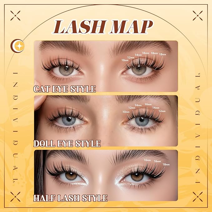 QUEWEL Fairy Lash Clusters Kit, 144PCS Cluster Eyelash Extensions kit with Lash Bond and Seal, C Curve Manga Lash Clusters Natural Look with Invisible Thin Band Easy to Use for Beginners (DJ-FD-D）