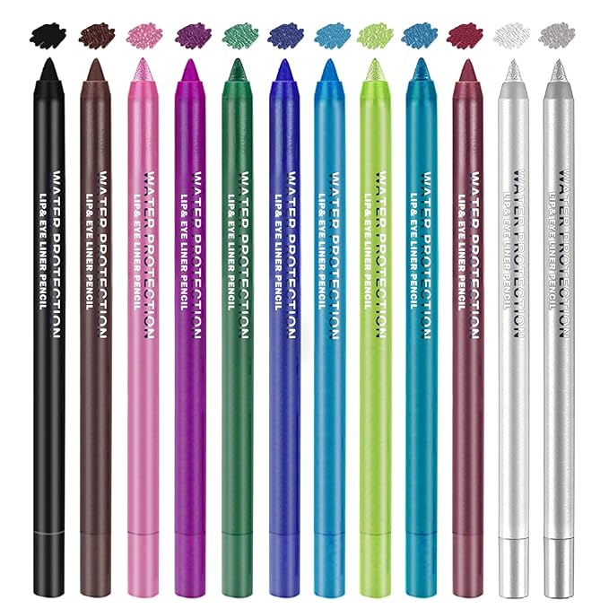 12PCS Colorful Eyeliner Pencils Set Black White Green Blue Brown Red Colored Gel Glitter Metallic Eyeliner Pencils Waterproof Long-Lasting Professional Eye Liner Makeup Kit