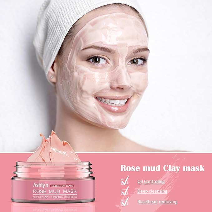 Ashlyn 3-Piece Mud Mask Set, Green Tea Mud Mask, Rose Mask Skincare Series, Dead Sea Foaming Deep Cleansing Mask, Firming Oil Control, Pore-Minimizing Skincare, 8.46 oz