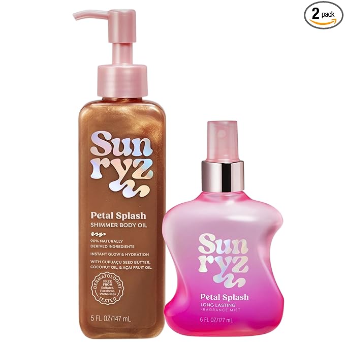 PDC Brands Sunryz Petal Splash Shimmer Body Oil and Fragrance Mist Duo Set, with Cupuaçu Seed Butter, Coconut Oil, and Açaí Fruit Oil, 2 Piece