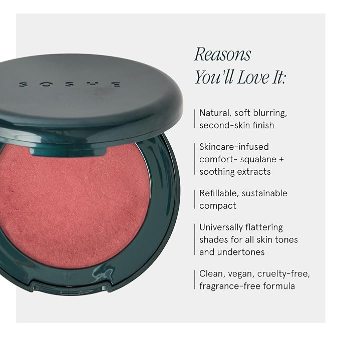 SOSHE Beauty - Blurring Pillow Blush | Featherlight, Cushiony, Cream to Powder Formula | Squalane, Cucumber Seed Extract, Ashwagandha Root | Vegan, Clean, Cruelty-Free (Speakeasy, Dusty Mauve)