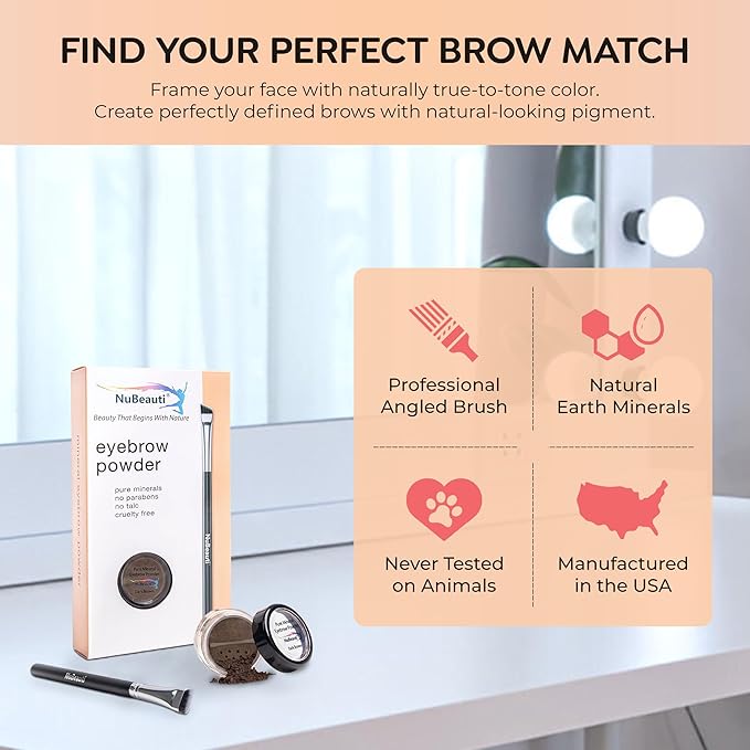 Mineral Eyebrow Powder by NuBeauti - Natural Brow Makeup Kit with Angled Contour Brush for Precision Sculpting to Color Eyebrows Precisely for Beautiful Perfect Professional Brows - (Dark Brown)