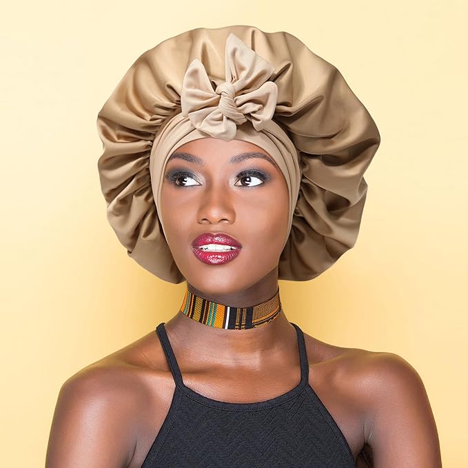 Satin Bonnet with 3PCS Hair Scrunchies for Women Tie Band Hair Bonnet Large 2 Layered Silk Sleeping Cap Nightcap for Sleeping (Coffee(Bonus 3 Hair Scrunchies))