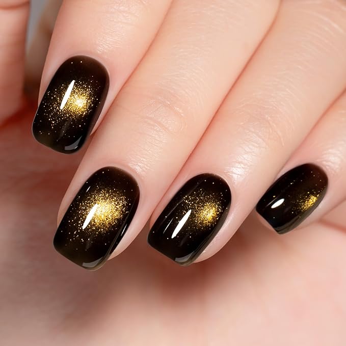 MAYCHAO 15ML Black Gold Cat Eye Gel Nail Polish 1Pc Glitter Soak off Holographic Magnetic Nail Polish for Nail Art Manicure Salon DIY at Home, 0.5 OZ
