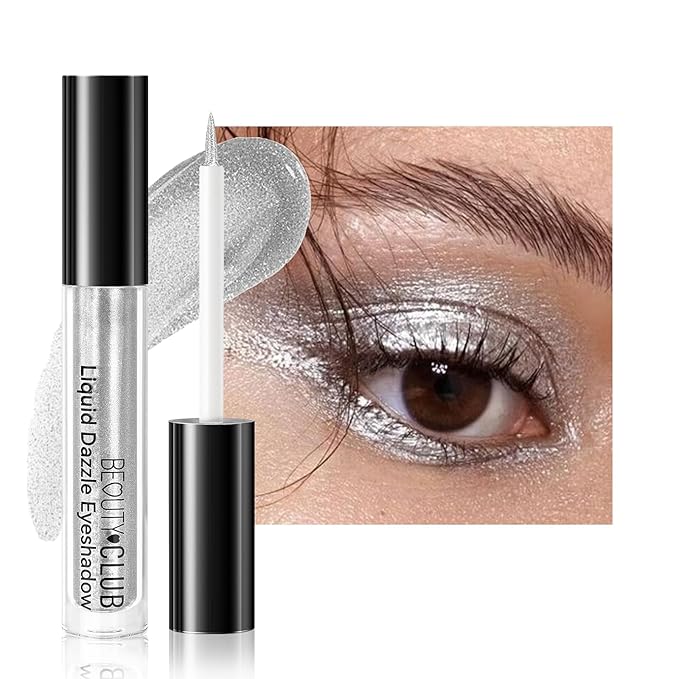 Liquid Glitter Eyeshadow Eyeliner, High Pigment Metallic Shimmer Eyeshadow Liner, Quick Drying Sparkle Eye Shadow, Lightweight Long-Lasting Shiny Eyes Liner Highlighter Makeup, 02# Star Silver