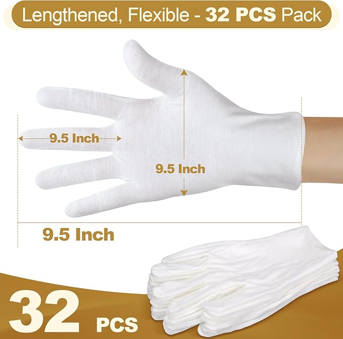 32PCS (16 Pairs) Thin White Gloves for Dry Hands Sleeping, Breathable White Glove with Elastic Cuff for Overnight Treatment, Eczema, Spa, Work, Inspection (One Size Fits Most)