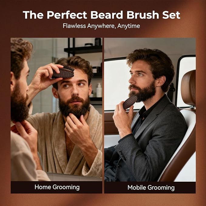 Bituemly Beard Brush for Men, Travel Pocket Mustache Brushes Grooming Kit with Natural Boar Bristle and Sapele Wood, Folding Scissors & Pouch, Facial Hair Brush Detangles & Shine, Stocking Stuffers