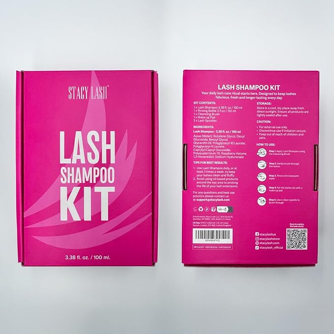 STACY LASH Lash Shampoo 100ml Kit Foaming Cleanser with Eye Lash Spoolies & Rinse Bottle & Cleansing Pad & Brush for Eyelash Extensions & Clusters & Natural Eyelashes