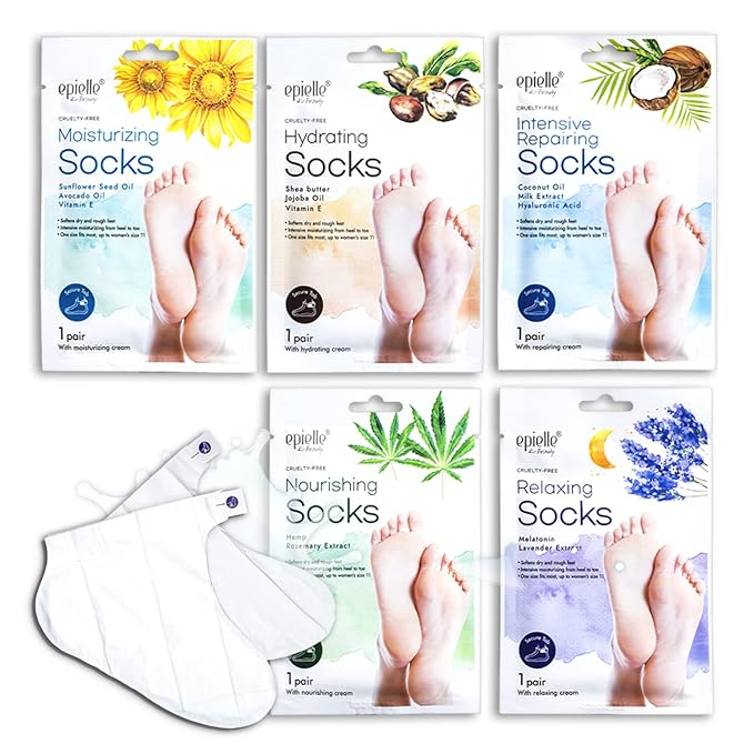 Epielle Assorted Foot Mask 5 Pairs, Deep Moisturizing Socks for Dry, Rough Feet & Cracked Heels, Soften with Shea Butter, Self Care Gifts for Women, Spa Kit, Mothers Day Gifts